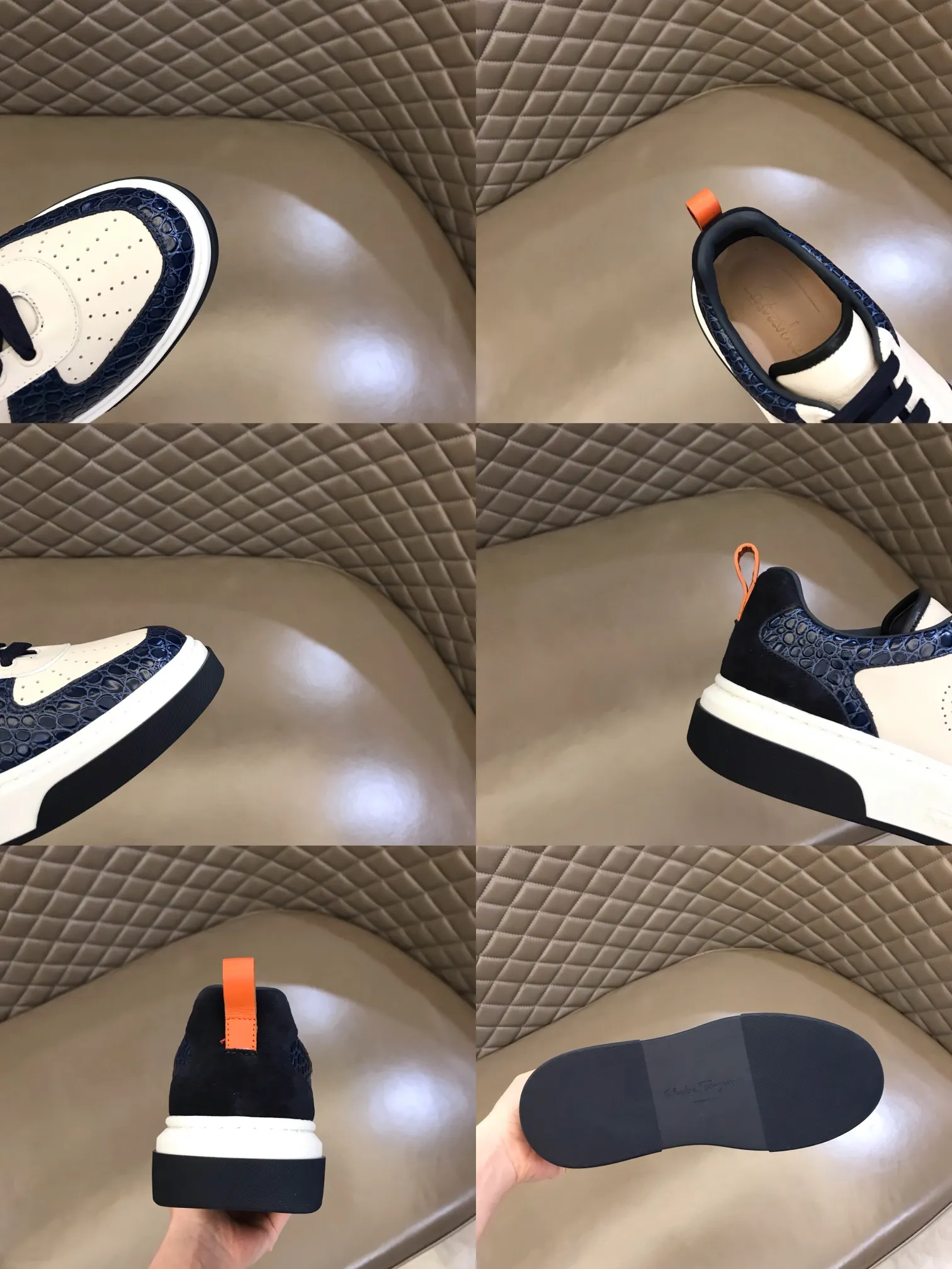 p420 "Salvatore Ferraga**" men's low-cut fashion sneakers. This casual shoe has a novel structure and is made of soft calfskin. The contrasting color elements on the upper highlight the bold and avant-garde atmosphere. The first-layer cowhide lining is high-end and comfortable. Energetic and fresh, these shoes can be worn with casual looks or add a touch of street style to elegant trousers.  Size: 38-44